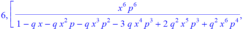 6, [x^6*p^6/(1-q*x-q*x^2*p-q*x^3*p^2-3*q*x^4*p^3+2*q^2*x^5*p^3+q^2*x^6*p^4), -x^5*p^5/(1-q*x-q*x^2*p-q*x^3*p^2-3*q*x^4*p^3+2*q^2*x^5*p^3+q^2*x^6*p^4)*(-1+q*x), -x^4*p^4/(1-q*x-q*x^2*p-q*x^3*p^2-3*q*x^4...