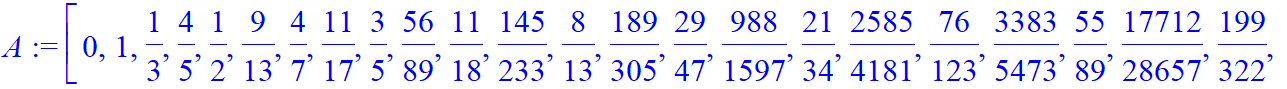 A := [0, 1, 1/3, 4/5, 1/2, 9/13, 4/7, 11/17, 3/5, 56/89, 11/18, 145/233, 8/13, 189/305, 29/47, 988/1597, 21/34, 2585/4181, 76/123, 3383/5473, 55/89, 17712/28657, 199/322, 46369/75025, 144/233, 60697/98...