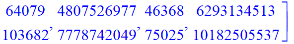 A := [0, 1, 1/3, 4/5, 1/2, 9/13, 4/7, 11/17, 3/5, 56/89, 11/18, 145/233, 8/13, 189/305, 29/47, 988/1597, 21/34, 2585/4181, 76/123, 3383/5473, 55/89, 17712/28657, 199/322, 46369/75025, 144/233, 60697/98...