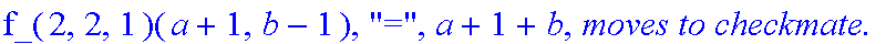 Subcase, 1, `:black's move is`, UpRight, `which by induction assumption takes at most`, f_(2,2,1)(a+1,b-1), 