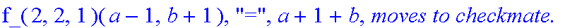 Subcase, 3, `:black's move is`, DownRight, `which by induction assumption takes at most`, f_(2,2,1)(a-1,b+1), 