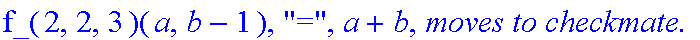 Subcase, 2, `:black's move is`, UpRight, `which by induction assumption takes at most`, f_(2,2,3)(a,b-1), 