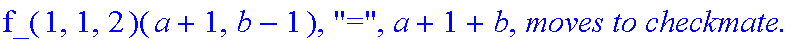 Subcase, 1, `:black's move is`, UpLeft, `which by induction assumption takes at most`, f_(1,1,2)(a+1,b-1), 