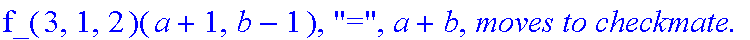 Subcase, 2, `:black's move is`, UpRight, `which by induction assumption takes at most`, f_(3,1,2)(a+1,b-1), 