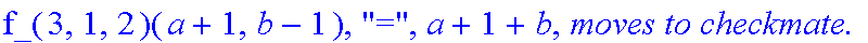 Subcase, 2, `:black's move is`, UpRight, `which by induction assumption takes at most`, f_(3,1,2)(a+1,b-1), 