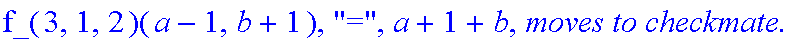 Subcase, 6, `:black's move is`, DownRight, `which by induction assumption takes at most`, f_(3,1,2)(a-1,b+1), 