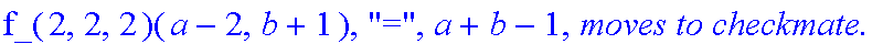 Subcase, 7, `:black's move is`, Down, `which by induction assumption takes at most`, f_(2,2,2)(a-2,b+1), 