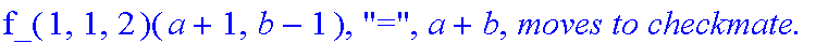Subcase, 1, `:black's move is`, Up, `which by induction assumption takes at most`, f_(1,1,2)(a+1,b-1), 