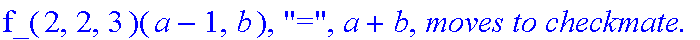 Subcase, 3, `:black's move is`, Right, `which by induction assumption takes at most`, f_(2,2,3)(a-1,b), 