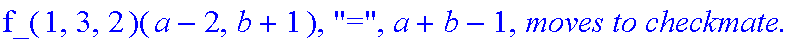 Subcase, 2, `:black's move is`, Down, `which by induction assumption takes at most`, f_(1,3,2)(a-2,b+1), 